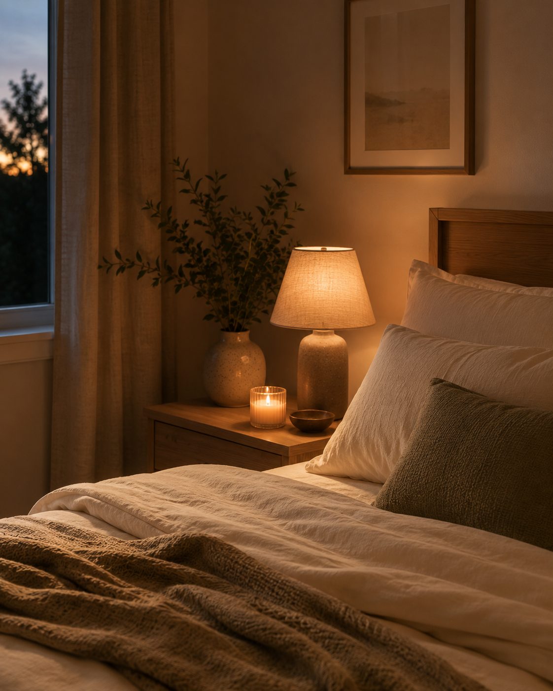 A serene, dimly lit bedroom at twilight