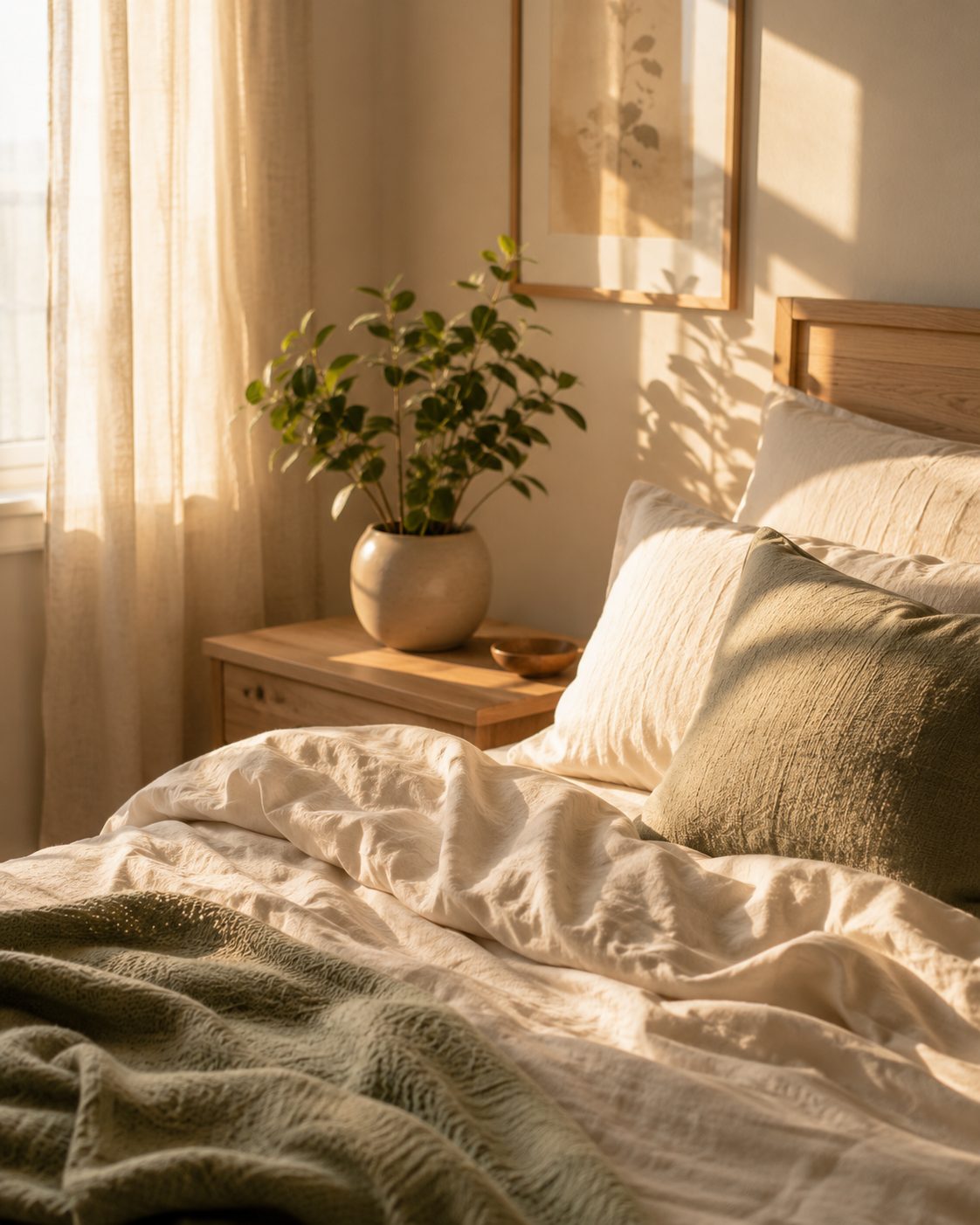 Soft morning sunlight in a calm, minimalist room